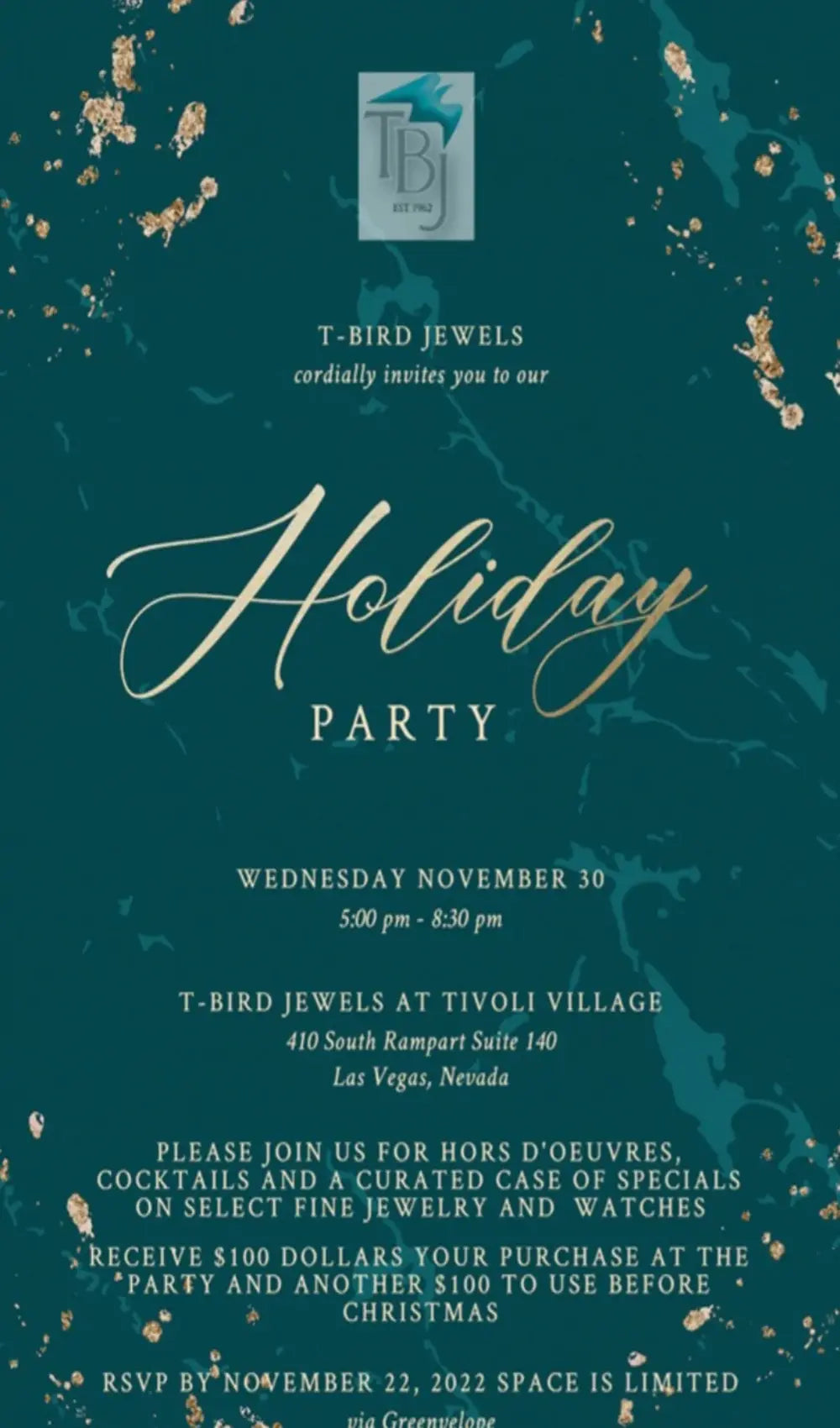 GET IN THE SEASONAL SPIRIT BY ATTENDING T-BIRD JEWELS ANNUAL HOLIDAY PARTY