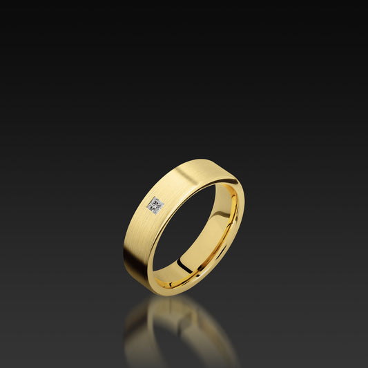 Yellow Gold Flat Band with Princess Cut Diamond