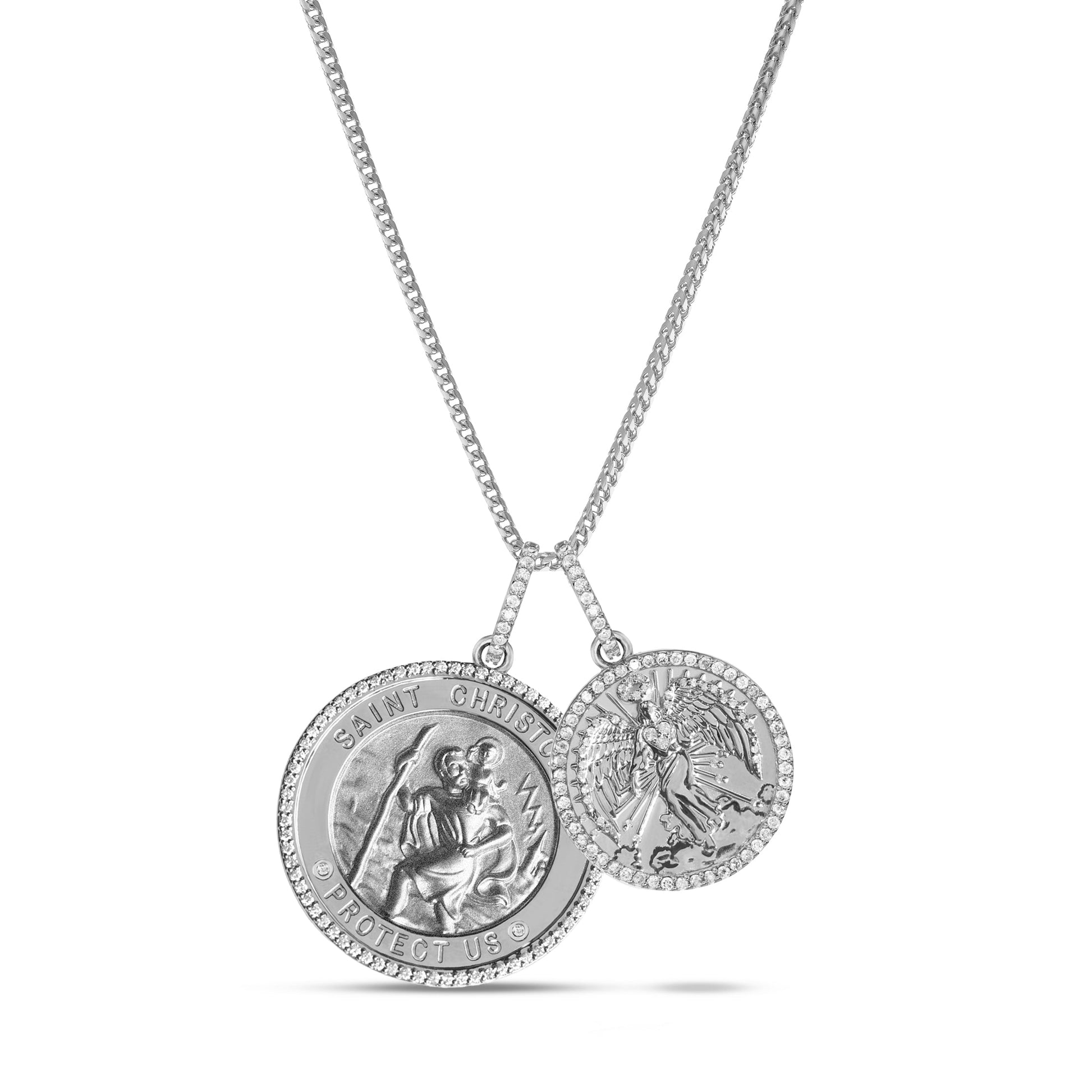 Silver St. Christopher "Protect Us" Medallion & Angel Pendant on Franco Chain - 28"