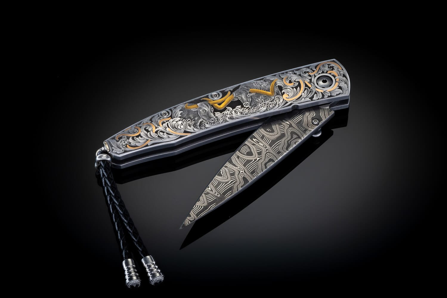 William Henry Hand-engraved pocketknife with damascus blade B10 LONGHORN II