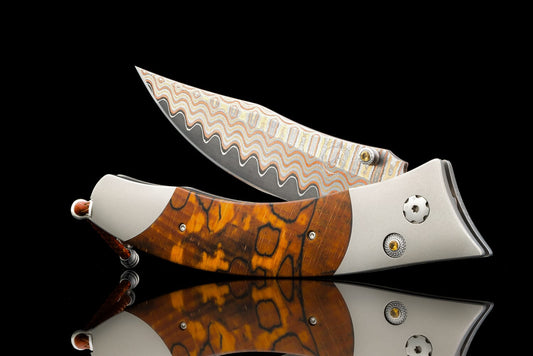 William Henry Titanium pocketknife with 'Copper Wave' damascus and orange spalted beech wood B21 HUMBOLDT