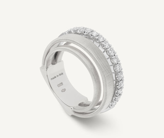 18kt white gold 4-strand coil ring with diamond pav band