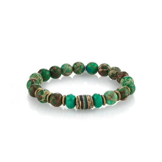 Men's Mr. LOWE Jasper Green Mix Bracelet with African Bead & Metal Disks - 10mm