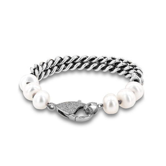 White Pearl and Chain Diamond Bracelet