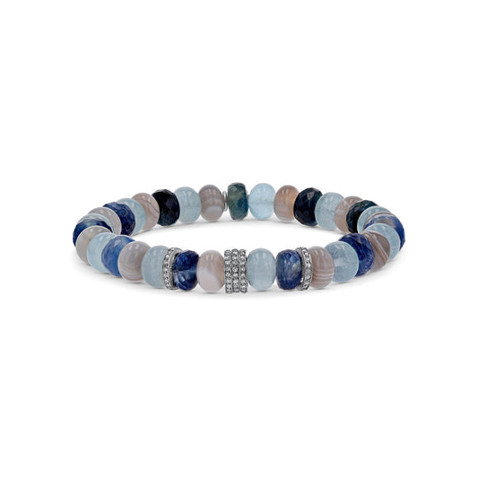 Blue & Grey Gemstone Mix Bracelet with 5 Diamond Rondelles - 8mm