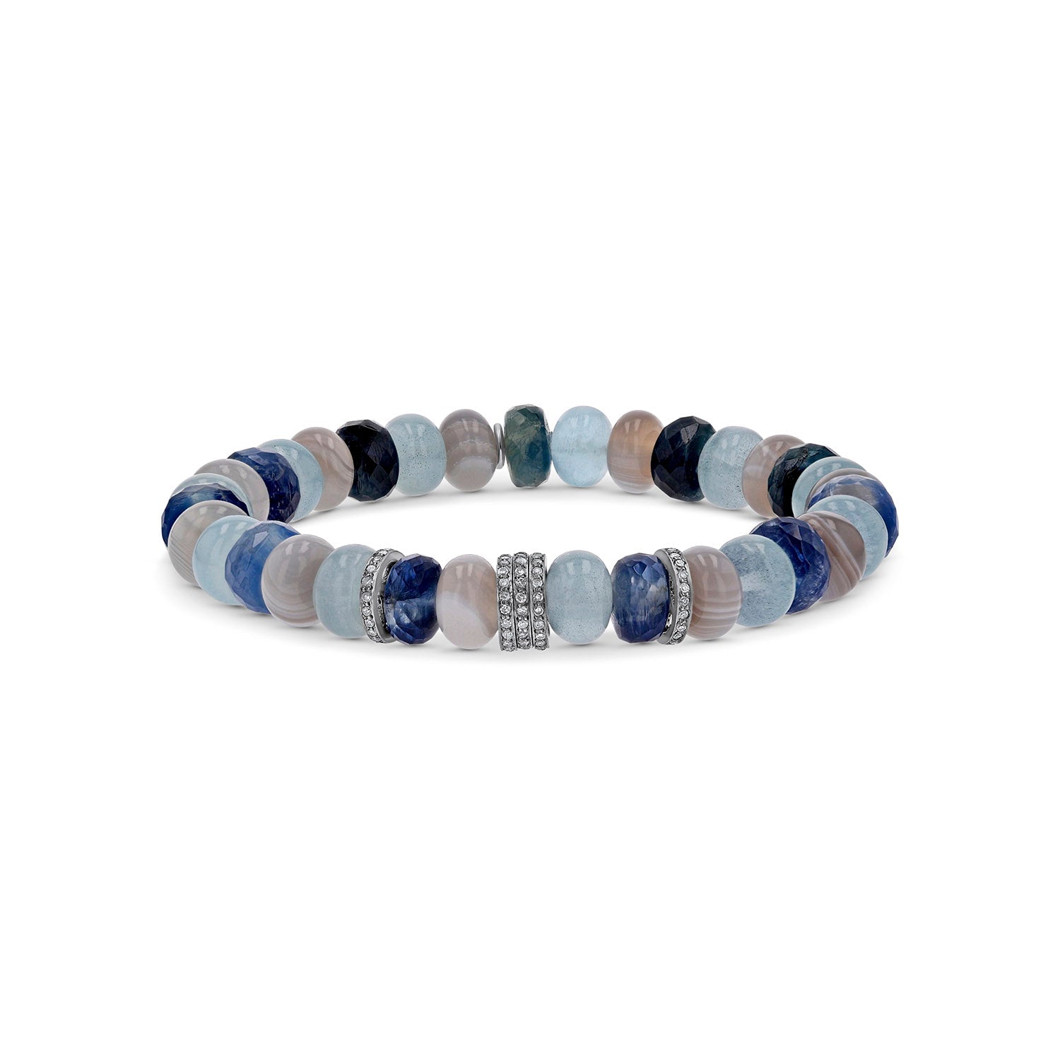 Blue & Grey Gemstone Mix Bracelet with 5 Diamond Rondelles - 8mm