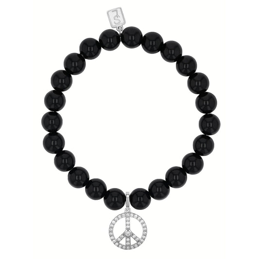 Onyx Bracelet with Diamond Peace Sign Charm - 8mm