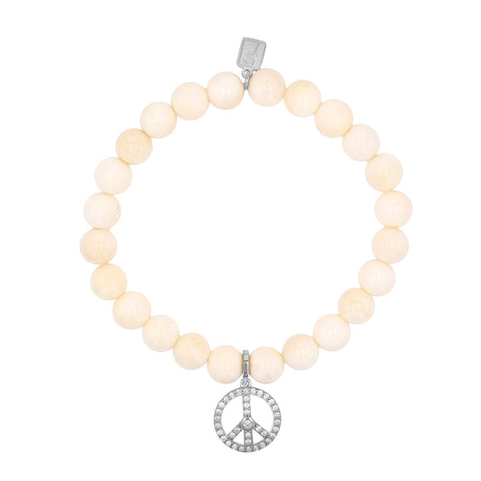 Bone Bracelet with Diamond Peace Sign Charm - 8mm