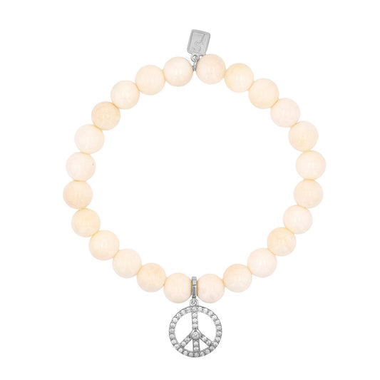 Bone Bracelet with Diamond Peace Sign Charm - 8mm