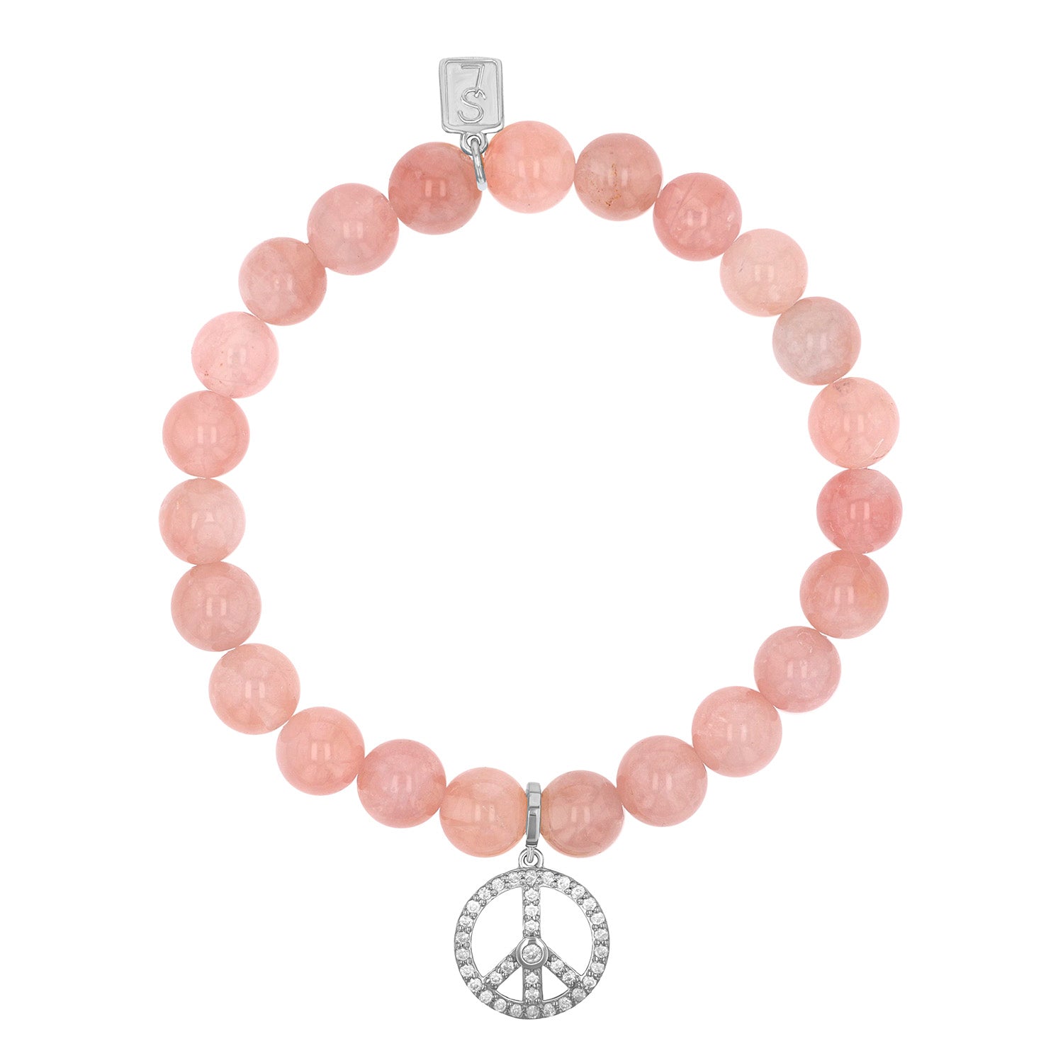Rose Quartz Bracelet with Diamond Peace Sign Charm - 8mm