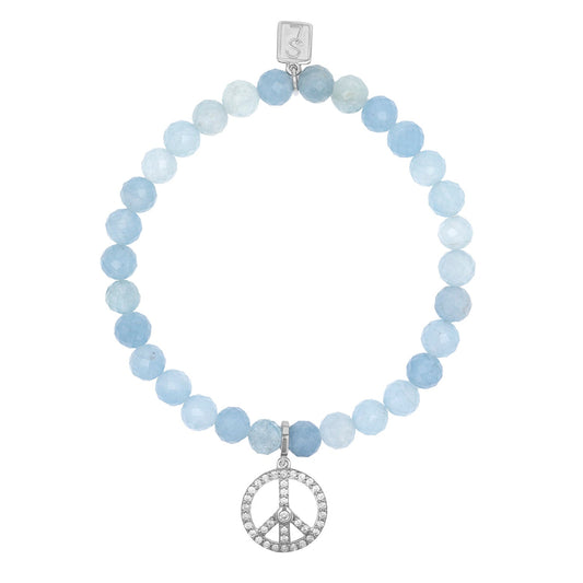 Aquamarine Bracelet with Diamond Peace Sign Charm - 6mm
