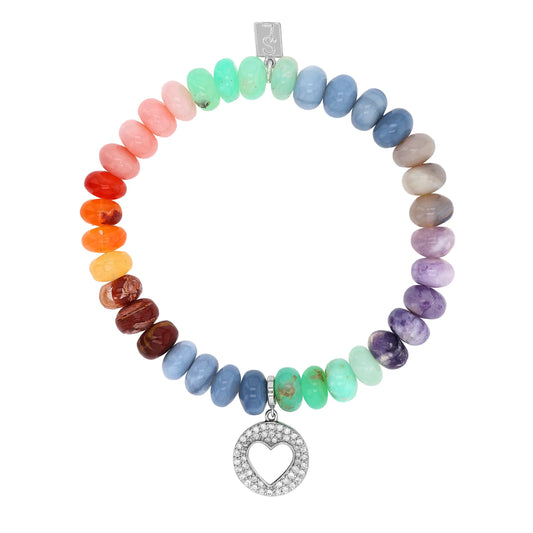 Rainbow Opal Mix Bracelet with Diamond Open Heart Charm - 8mm