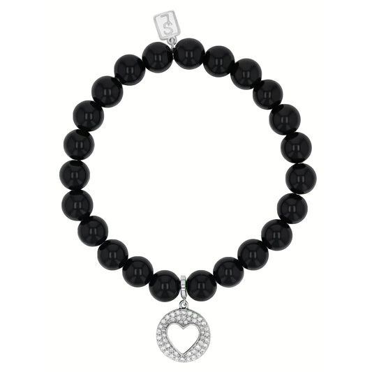 Onyx Bracelet with Diamond Open Heart Charm - 8mm