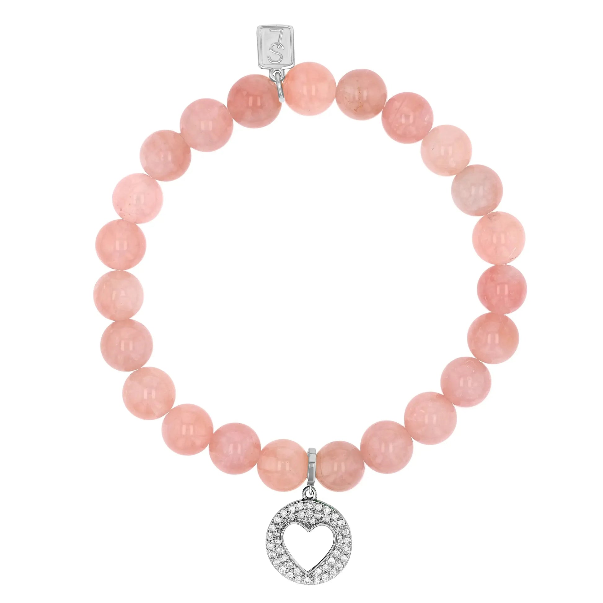 Rose Quartz Bracelet with Diamond Open Heart Charm - 8mm