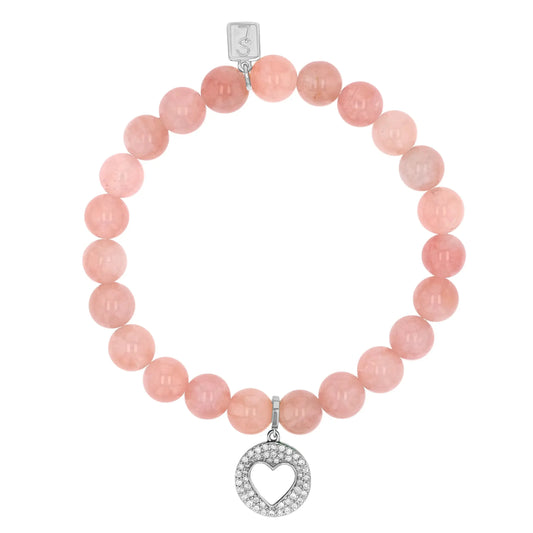Rose Quartz Bracelet with Diamond Open Heart Charm - 8mm