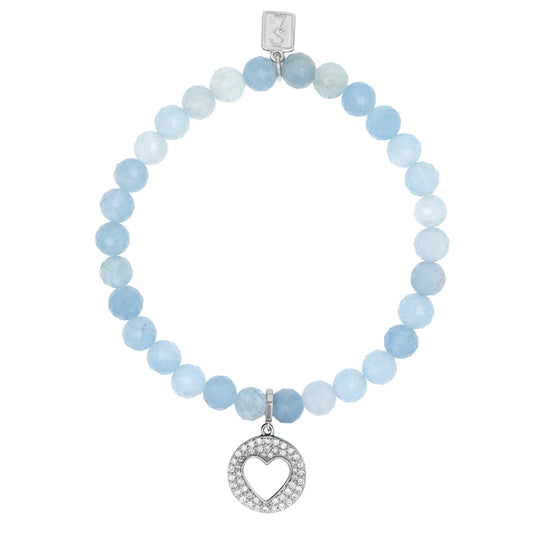 Aquamarine Bracelet with Diamond Open Heart Charm - 6mm