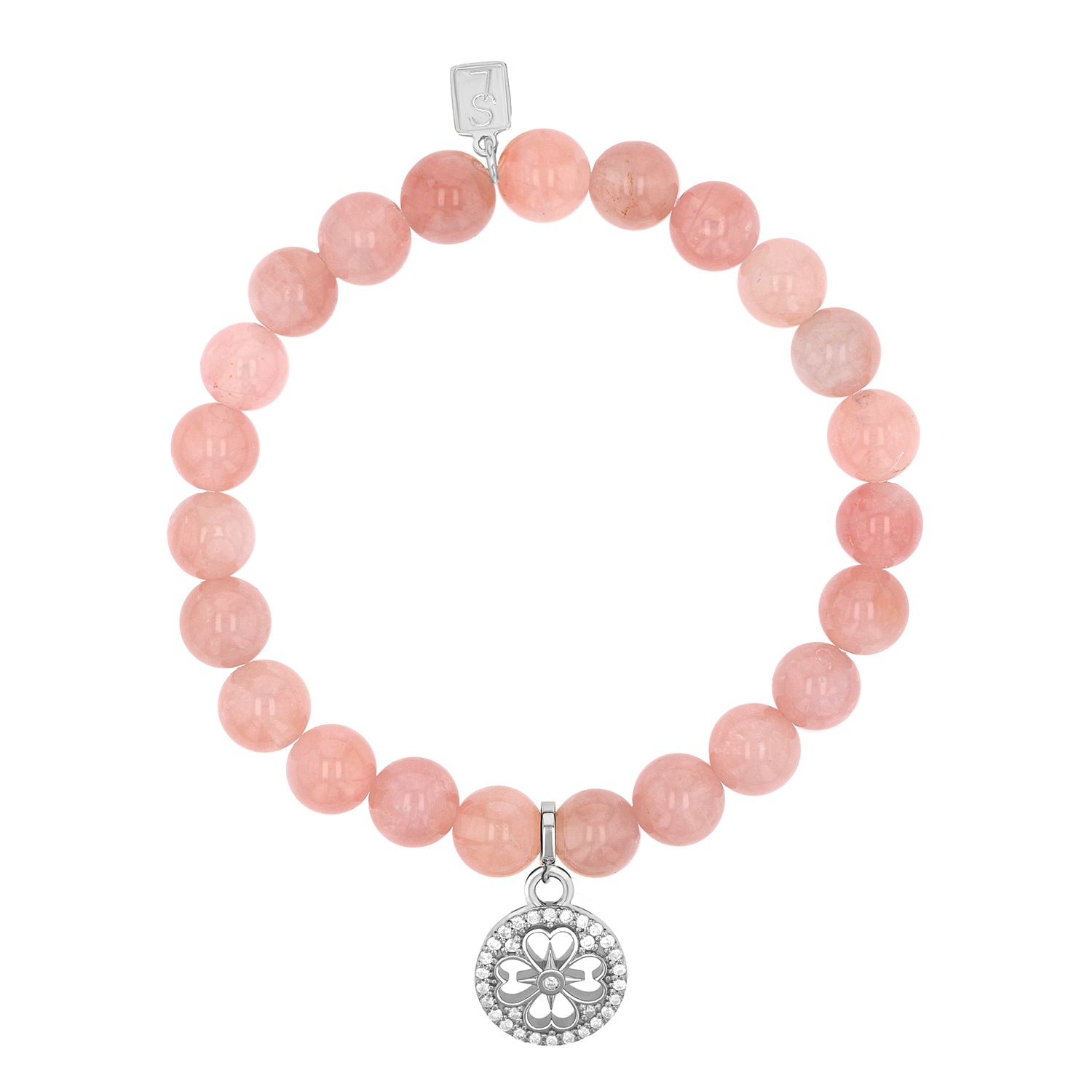 Rose Quartz Bracelet with Diamond Open Clover Charm - 8mm
