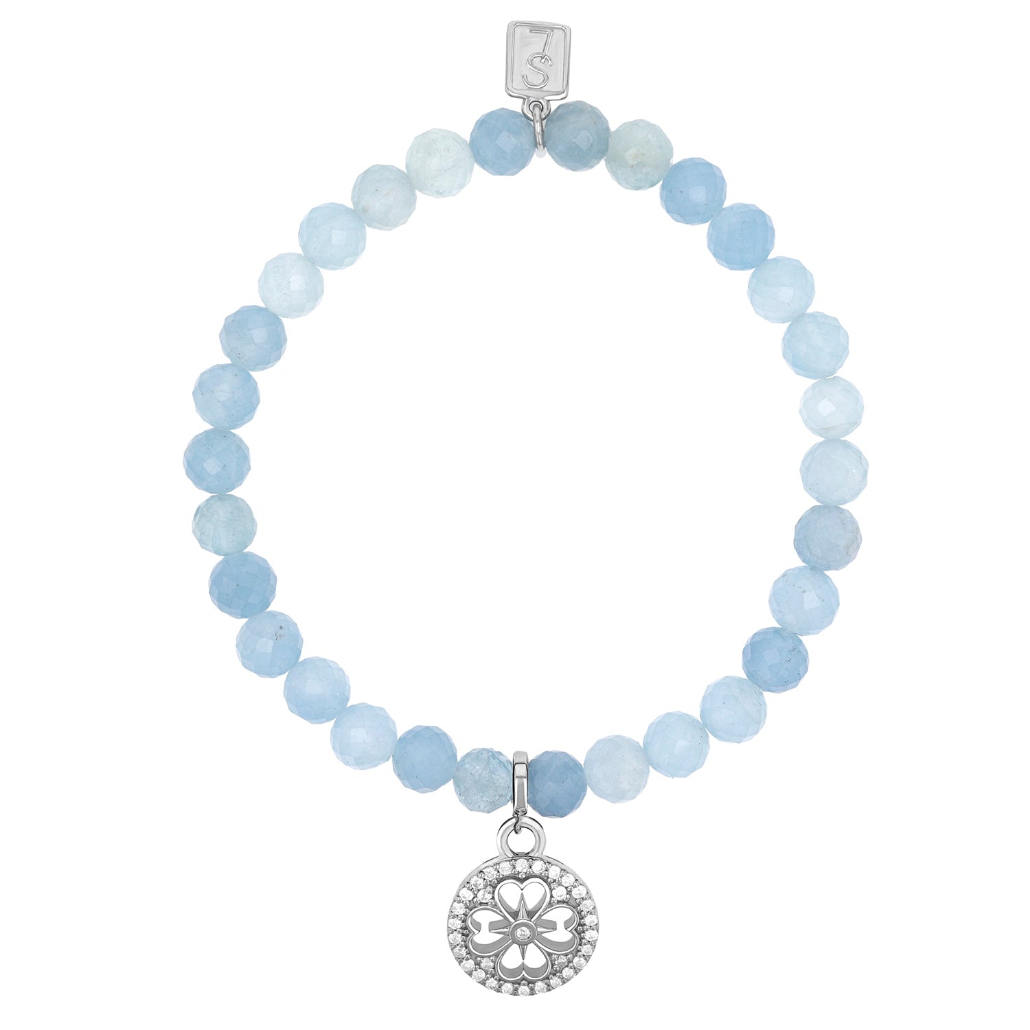 Aquamarine Bracelet with Diamond Open Clover Charm - 6mm