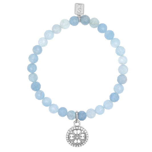 Aquamarine Bracelet with Diamond Open Clover Charm - 6mm