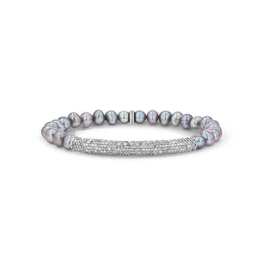 Silver Freshwater Pearl Bracelet with Diamond Bar - 8mm