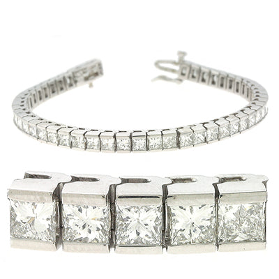 This Bracelet is available in 14K White Gold. There are a total of 69 stones. There are Princess with a total carat weight of 4.5 set in a Channel Set setting.