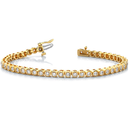 This Bracelet is available in 14K Yellow Gold. There are a total of 47 stones. There are Round with a total carat weight of 3 set in a setting.