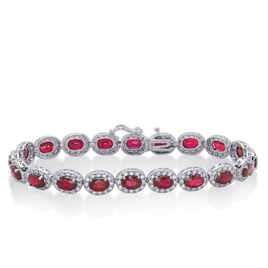This Bracelet is available in 14K White Gold. There are a total of 300 stones. There are Round with a total carat weight of 2.38 set in a  setting.There are Ruby stones with a total carat weight of 11.44 set in a .