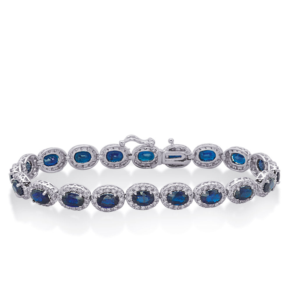 This Bracelet is available in 14K White Gold. There are a total of 300 stones. There are Round with a total carat weight of 2.38 set in a setting.There are Sapphire stones with a total carat weight of 13.12 set in a .