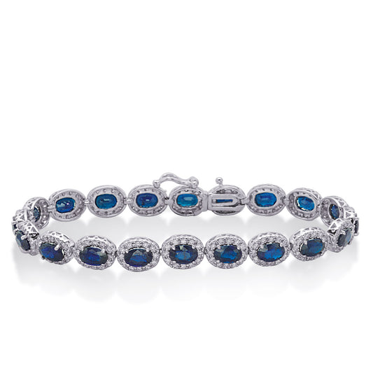 This Bracelet is available in 14K White Gold. There are a total of 300 stones. There are Round with a total carat weight of 2.38 set in a  setting.There are Sapphire stones with a total carat weight of 13.12 set in a .