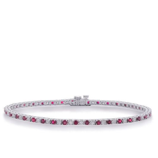 This Bracelet is available in 14K White Gold. There are a total of 79 stones. There are Round with a total carat weight of 1 set in a  setting.There are Ruby stones with a total carat weight of 1.88 set in a .