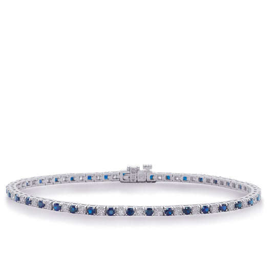 This Bracelet is available in 14K White Gold. There are a total of 79 stones. There are Round with a total carat weight of 1 set in a  setting.There are Sapphire stones with a total carat weight of 1.8 set in a .