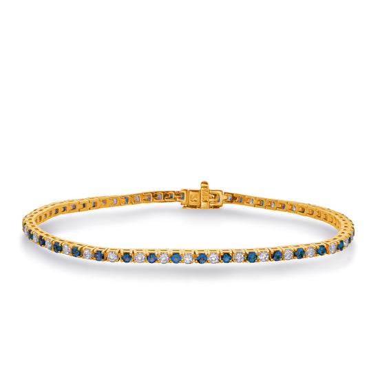 This Bracelet is available in 14K Yellow Gold. There are a total of 79 stones. There are Round with a total carat weight of 1 set in a  setting.There are Sapphire stones with a total carat weight of 1.8 set in a .