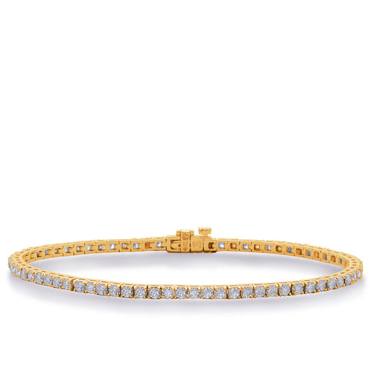 This Bracelet is available in 14K Yellow Gold. There are a total of 71 stones. There are Round with a total carat weight of 3 set in a Prong Set setting.