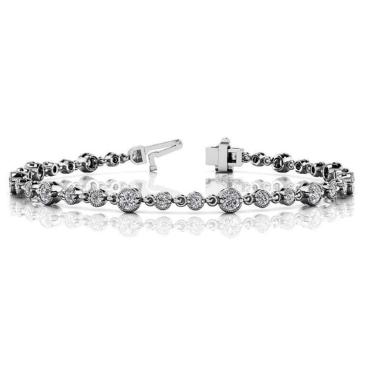This Bracelet is available in 14K White Gold. There are a total of 36 stones. There are Round with a total carat weight of 1.9 set in a  setting.