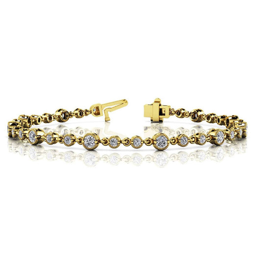 This Bracelet is available in 14K Yellow Gold. There are a total of 36 stones. There are Round with a total carat weight of 1.9 set in a setting.