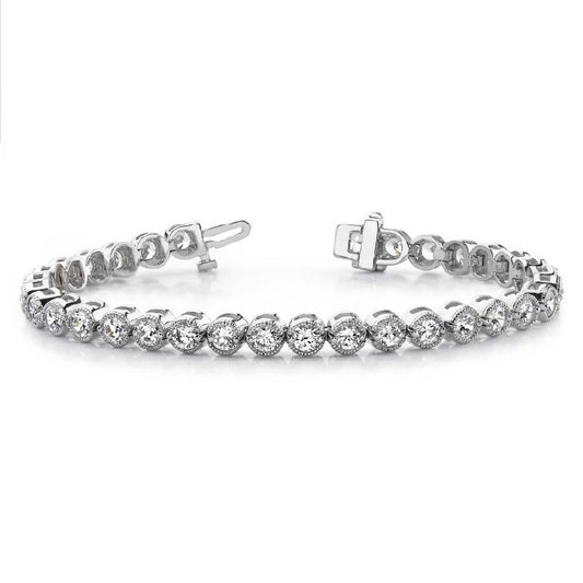 This Bracelet is available in 14K White Gold. There are a total of 61 stones. There are Round with a total carat weight of 2 set in a Bezel Set setting.