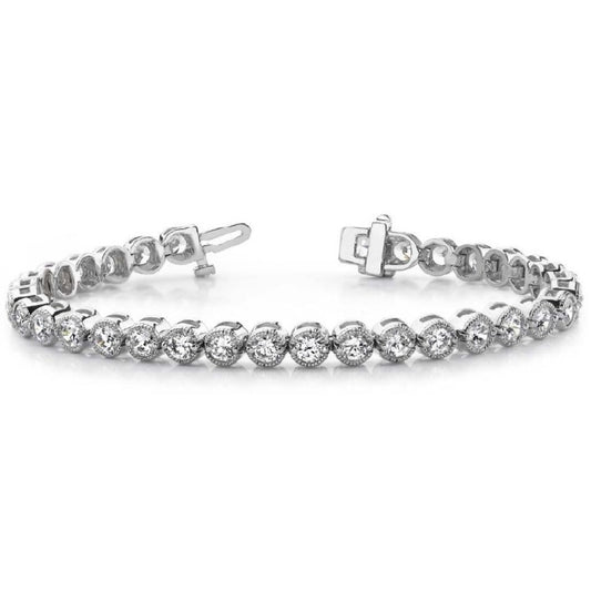 This Bracelet is available in 14K White Gold. There are a total of 52 stones. There are Round with a total carat weight of 3 set in a Bezel Set setting.