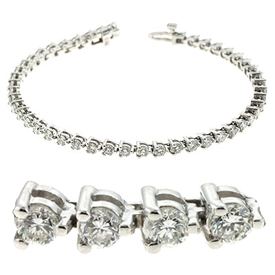 This Bracelet is available in 14K White Gold. There are a total of 54 stones. There are Round with a total carat weight of 3 set in a Prong Set setting.