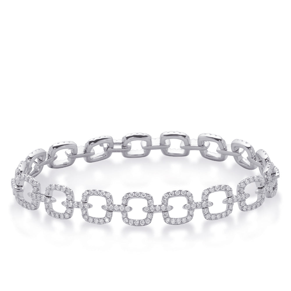 This Bracelet is available in 14K White Gold. There are a total of 323 stones. There are Round with a total carat weight of 2.95 set in a Micro Prong setting.