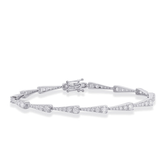 This Bracelet is available in 14K White Gold. There are a total of 90 stones. There are Round with a total carat weight of 2.08 set in a Micro Prong|Prong Set setting.