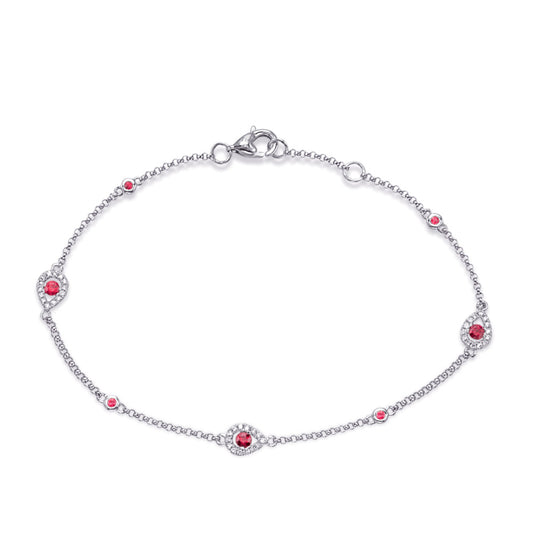 This Bracelet is available in 14K White Gold. There are a total of 49 stones. There are Round with a total carat weight of 0.11 set in a Bezel Set|Micro Prong setting.There are Ruby stones with a total carat weight of 0.31 set in a Bezel Set|Micro Prong.