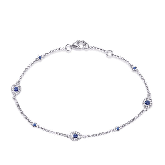 This Bracelet is available in 14K White Gold. There are a total of 49 stones. There are Round with a total carat weight of 0.11 set in a Bezel Set|Micro Prong setting.There are Sapphire stones with a total carat weight of 0.28 set in a Bezel Set|Micro Prong.