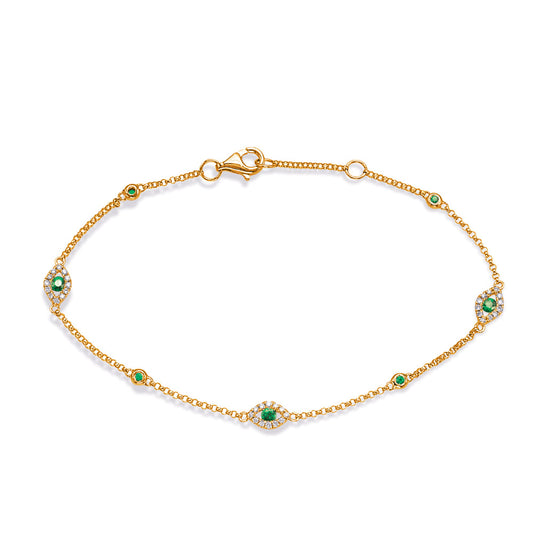 This Bracelet is available in 14K Yellow Gold. There are a total of 43 stones. There are Emerald with a total carat weight of 0.25 set in a Bezel Set|Channel Set|Micro Prong setting.There are Round stones with a total carat weight of 0.14 set in a Bezel Set|Channel Set|Micro Prong.
