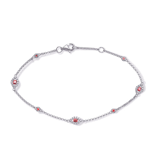 This Bracelet is available in 14K White Gold. There are a total of 43 stones. There are Round with a total carat weight of 0.14 set in a Bezel Set|Channel Set|Micro Prong setting.There are Ruby stones with a total carat weight of 0.3 set in a Bezel Set|Channel Set|Micro Prong.
