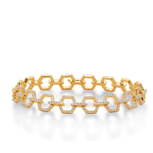 This Bracelet is available in 14K Yellow Gold. There are a total of 336 stones. There are Round with a total carat weight of 2.31 set in a Micro Prong setting.