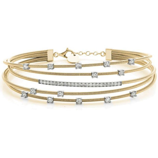This Bracelet is available in 14K Yellow & White Gold. There are a total of 36 stones. There are Round with a total carat weight of 0.81 set in a setting.
