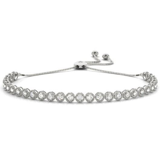 This Bracelet is available in 14K White Gold. There are a total of 36 stones. There are Round with a total carat weight of 0.77 set in a  setting.