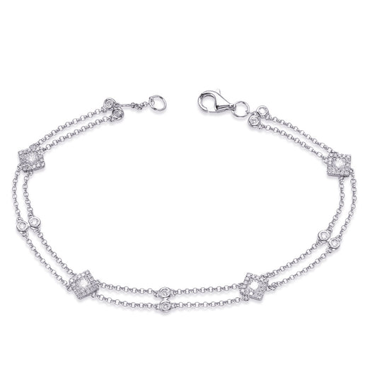 This Bracelet is available in 14K White Gold. There are a total of 78 stones. There are Round with a total carat weight of 0.68 set in a Bezel Set|Channel Set|Micro Prong setting.