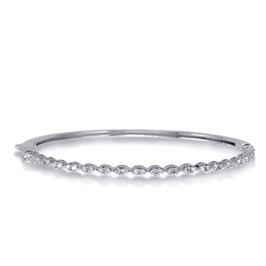 This Bracelet is available in 14K White Gold. There are a total of 28 stones. There are Round with a total carat weight of 1.19 set in a Micro Prong setting.