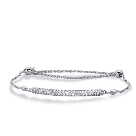 This Bracelet is available in 14K White Gold. There are a total of 73 stones. There are Round with a total carat weight of 0.76 set in a Micro Prong setting.